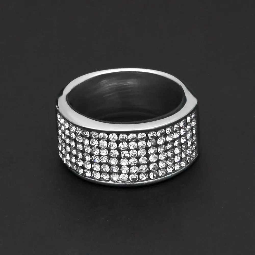 Stainless Steel Round Punk Hiphop Rings Men With Clear Iced Out Rhinestone Ring Party Jewelry Gold Silver Color 10MM Wide