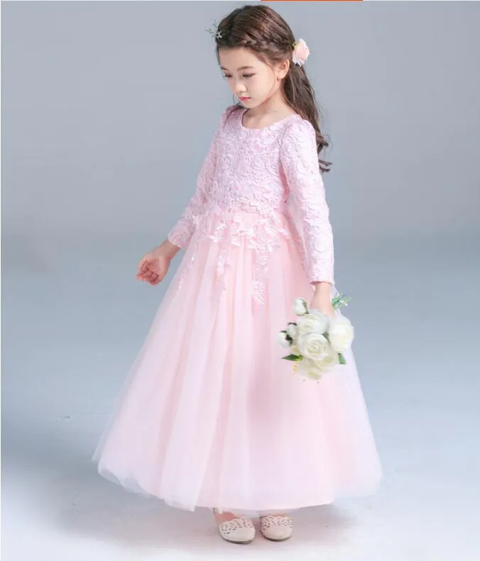 High Quality White Princess Dresses Girls Red Lace Gowns Wedding Flower Girl Skirt A Long Sleeved Dresses For The Ball HY084