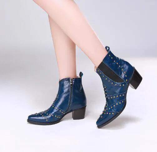 Design 2018 Pointed Toe Studded Women Ankle Boots Chunky Heel Elastic Band Western Cowboy Boots Shoes Woman