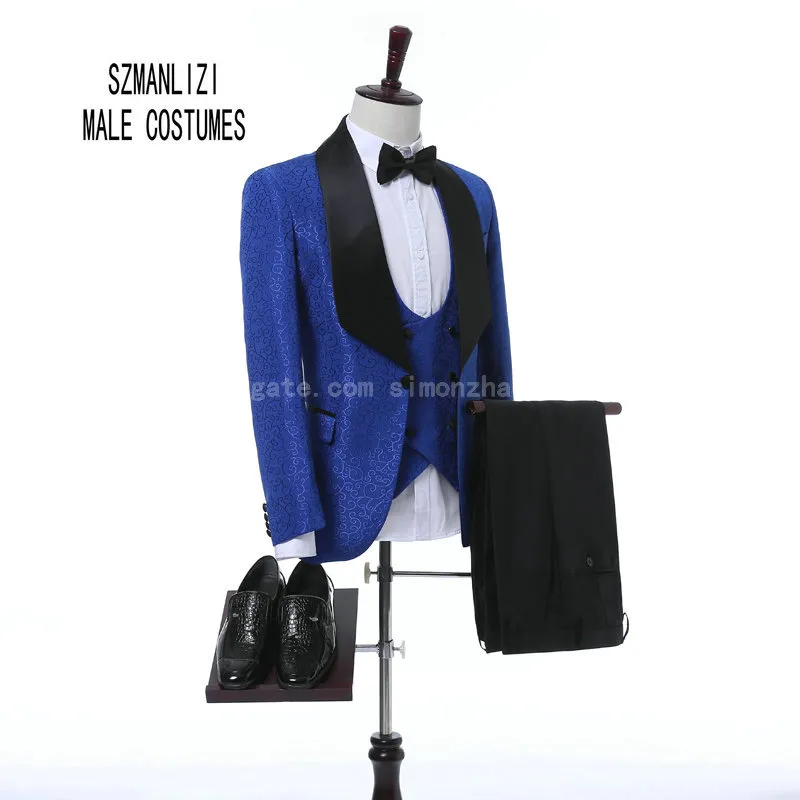 2018 Senaste Coat Pant Design Custom Made Classic Royal Blue Flower Men Bröllop Passar Bästa Man Blazer Groom Suit Tuxedos Prom Party Passit