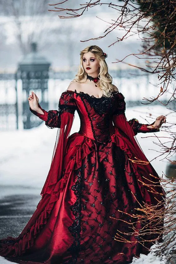 Gothic Sleeping Beauty Princess Medieval Red And Black Ball Gown
