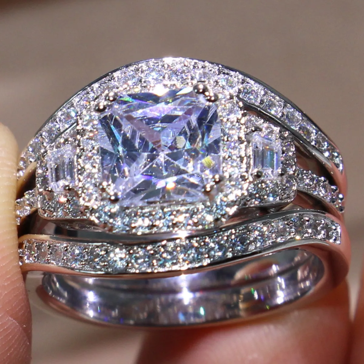 크기 5-11 보석 포장 설정 공주 컷 14kt 화이트 골드 채워진 GF 시뮬레이션 다이아몬드 토파즈 3 1 여성 결혼 약혼 반지 세트 선물