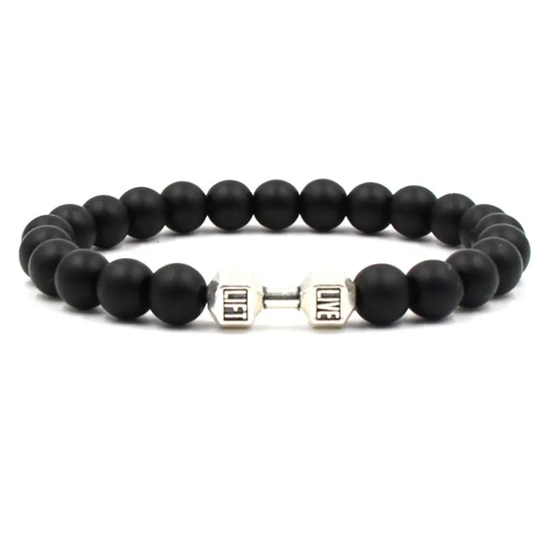 Nouveau 8mm Lava Rock Haltère Givré Bracelets Or Argent Noir Bracelets Pour Femmes Hommes Cadeau