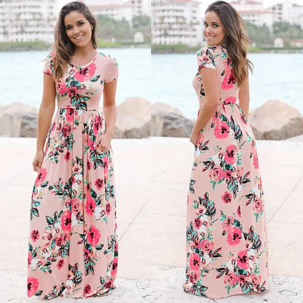 Kadınlar Çiçek Baskı Kısa Kollu Boho Moda Akşam Önlük Parti Uzun Maxi Elbise Yaz Sundress 5 Stiller