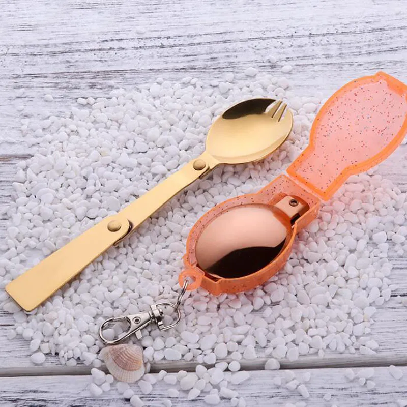 Folding Spoon Rose Gold Stainless Steel Spoons Portable Outdoor Camping Tableware With Plastic Box Buckle ZA6321