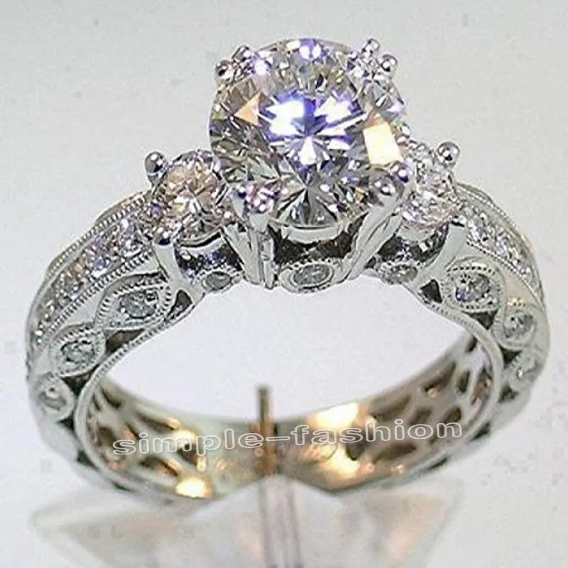 Mode smycken kvinnor förlovning smycken tre-sten 7mm cz 5a zircon sten 10kt vitguld fylld bröllop band ring sz 5-11