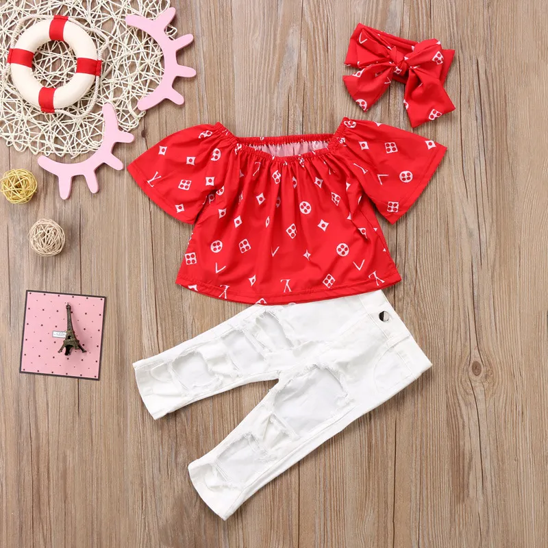 Mode Baby Mädchen Kleidung Kurzarm Off Schulter Rote Tops + Weiße Jeans Loch Hosen + Bogen Stirnband Mädchen Kleidung Sets Kinder Outfits