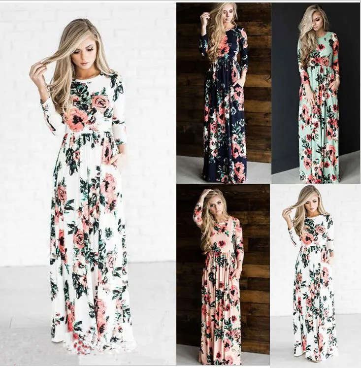 Women Sexy Long Sleeve Summer Fashion Style Long Party Dress Leisure Female Floral Print Dress Ladies Maxi Dress