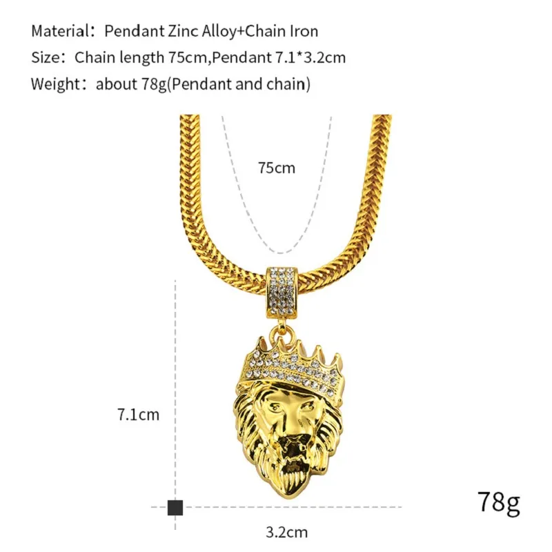 Hommes Hip Hop Mode Lion Tête Pendentif Colliers Strass Conception 75 cm Long Serpent Chaîne Remplissage Pièces Hommes Collier Jewelry245D