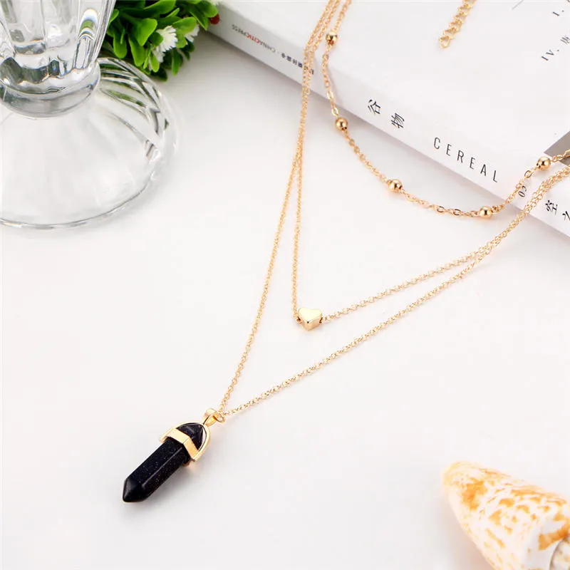 Stone Heart Love pendant Necklace Gold Chain Multilayer Necklaces Choker collar Fashion Jewelry for Women Gift