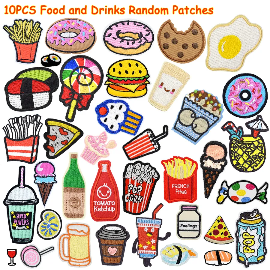 10PCS Diy Food and Drink Patches Random for Clothing Iron Embroidered Patch Applique Iron on Patch Sewing Accessories Badge on Clothes Bag