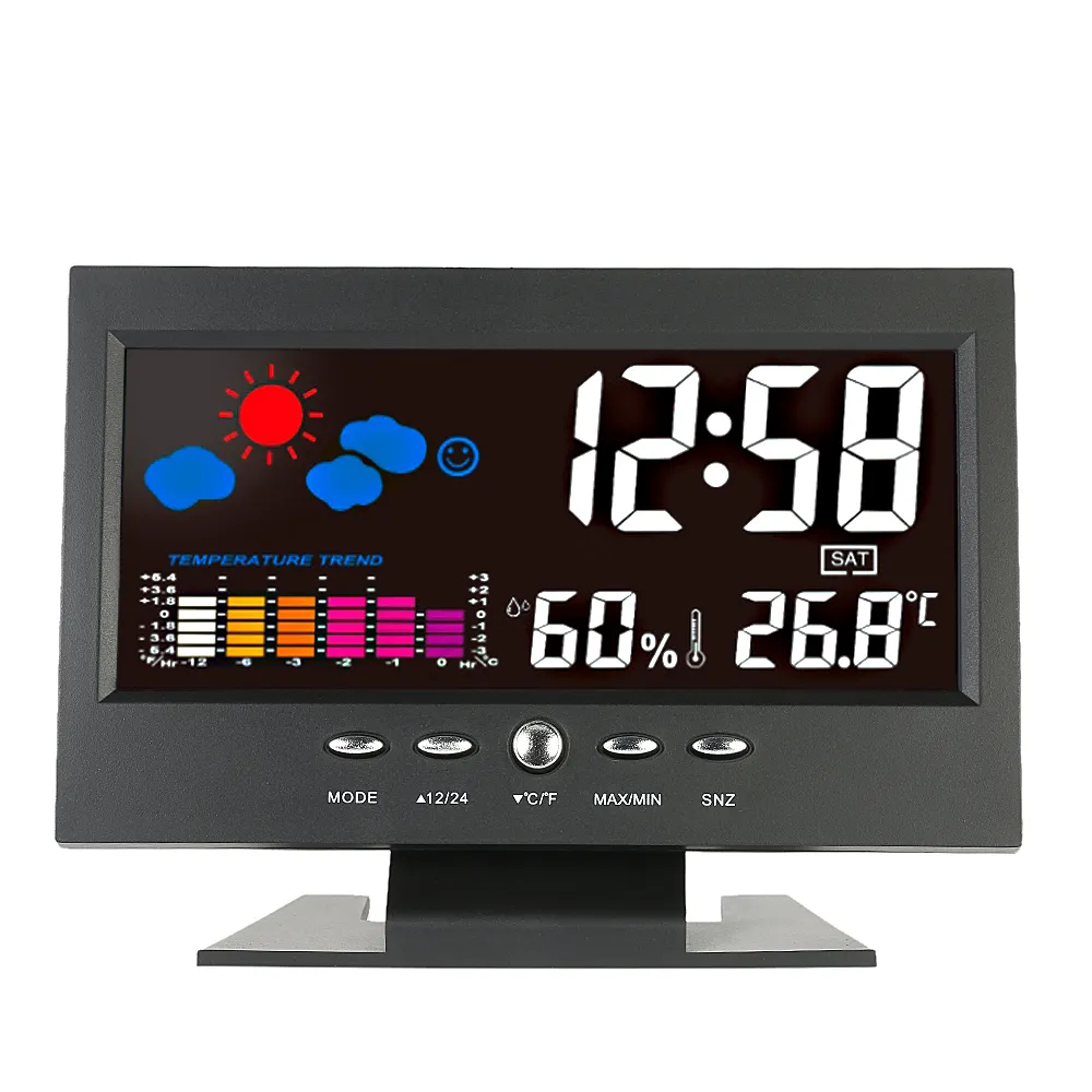 을 Freeshipping 디지털 온도계 습도계 날씨 역 알람 시계 온도는 다채로운 LCD 달력 백라이트 Vioce 활성화 게이지