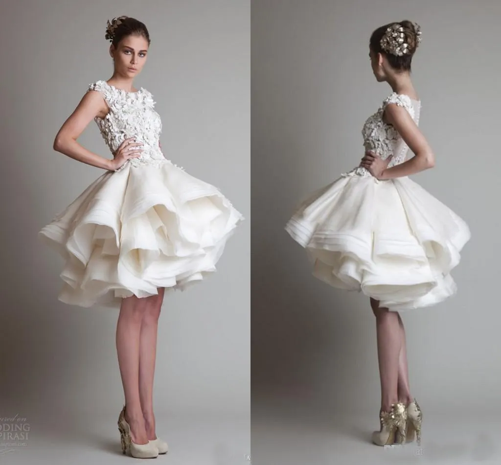 Krikor jabotian short lace wedding Bridal dress cap sleeves back knee length A line organza wedding dresses Arabic Dresses Custom Made