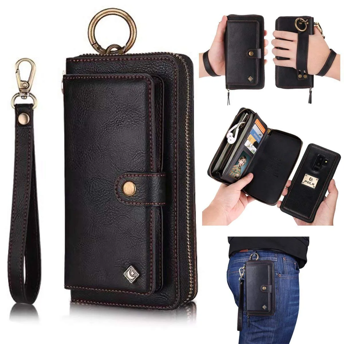 Estuche tipo billetera para iPhone 7 Monedero con cremallera Desmontable Magnético 14 Ranuras para tarjetas Ranuras para tarjetas Bolsillo para dinero Estuche tipo billetera de cuero para iPhone 8