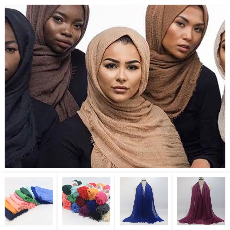 Ren färg överdimensionell bomull linne halsdukar islamisk huvud wraps mjuk och lång muslim frayed crepe sjal 56 färger 95x180cm