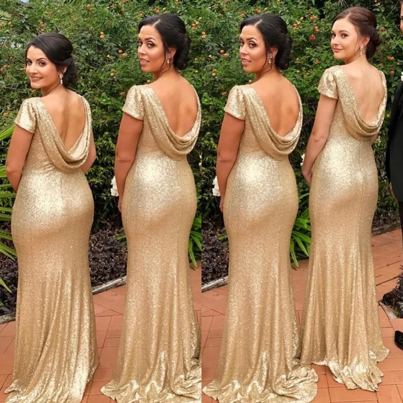 Damas de manga curta dourada vestidos mais tamanho memaid backless chão comprimento casamento vestido de convidado sexy sparkly 2018 vestido de vestido de baile