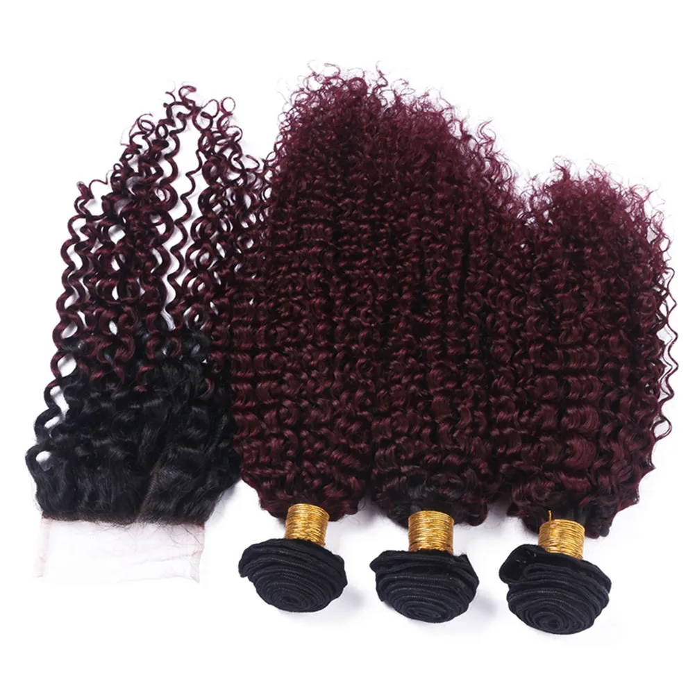 Ciemne korzenie 1B 99J Kinky Curly Hair Weaves z koronkowym zamknięciem Ombre Kolor czerwone wino 99J Kręcone włosy 3bundles z 4x4 Closure4671728