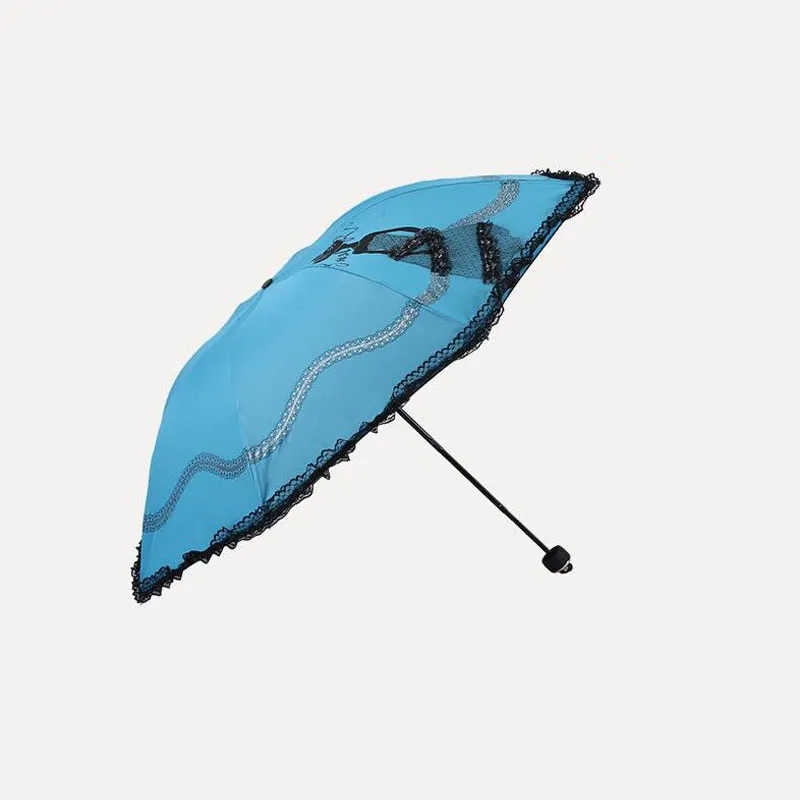 Portable Folding Anti-UV Lace Paraply Kvinnor Prinsessan Kvinna Sol Rain Paraplyer Svart Lim Gratis Frakt ZA6653