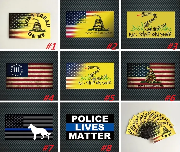 Autocollants décoratifs DONT TREAD ON ME DECAL / Autocollant de voiture de serpent jaune américain / Autocollant de voiture de chien de police à rayures bleues Autocollants de fenêtre I244