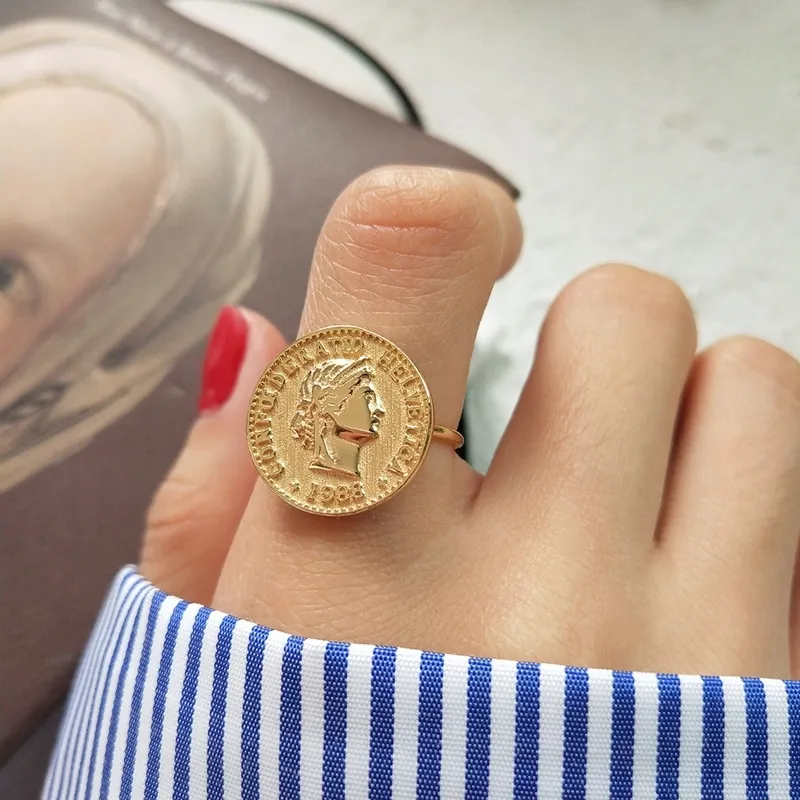 Nowy 925 Sterling Silver Figury Monety Pierścienie Złoty Moda Osobowości Dollar Avatar Coin Otwarte Pierścienie Dla Kobiet Gold Charms Biżuteria S18101002
