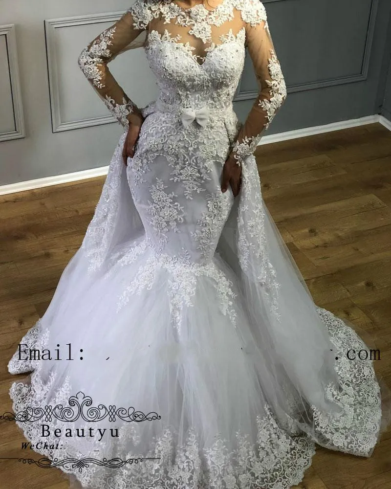 Glamorösa sjöjungfruliga klänningar med avtagbar kjol Sexig Illusion Sweep Train Långärmad Bröllopsklänning Lace Appliques Beaded Plus Storlek