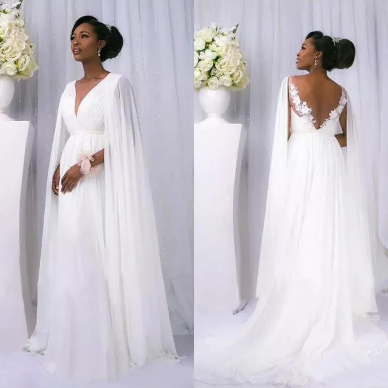 Africain 2018 Blanc En Mousseline De Soie Cape Manches Plage Pays Robes De Mariée Pas Cher Dos Nu Col En V Robes De Mariée De Maternité Sur Mesure EN12231