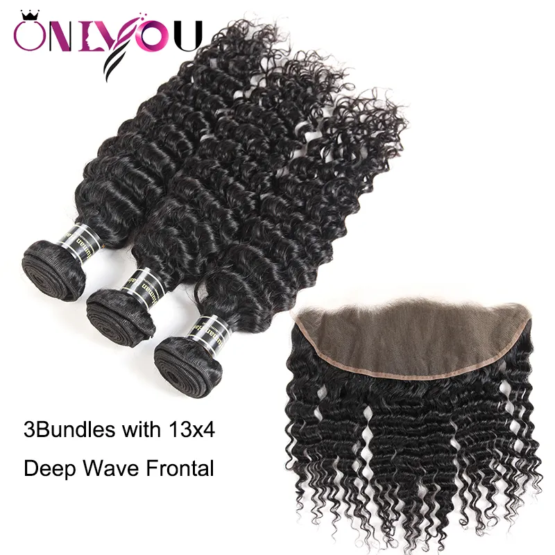 Pas cher Brésilien Vierge Cheveux Dentelle Frontale Bundles 9a Grade Péruvienne Extensions de Cheveux Humains Vague Profonde Cheveux Bouclés Tisse Fermeture avec 5874479