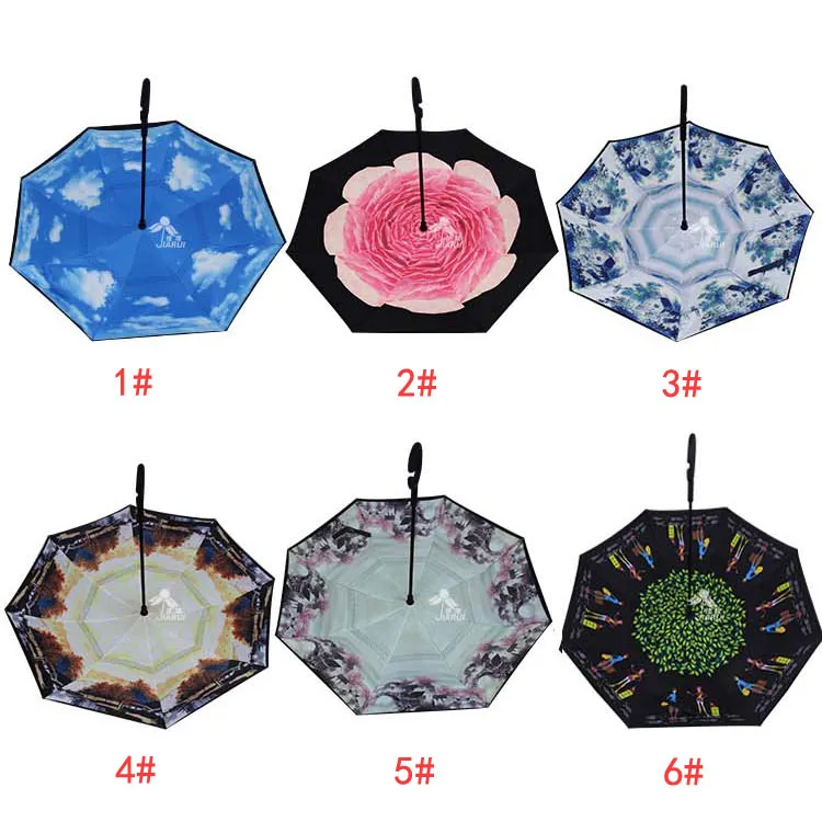 높은 품질 84 색상 방풍 역방향 접는 더블 레이어 반전 된 Chuva 우산 자체 비 방석 C- 훅 손 밖으로 서