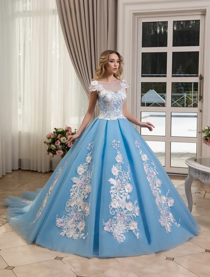 Prinses baljurk prom jurken 2018 lichtblauw pure nek kant geappliceerd bloem avondjurken vintage formele pageant jurk
