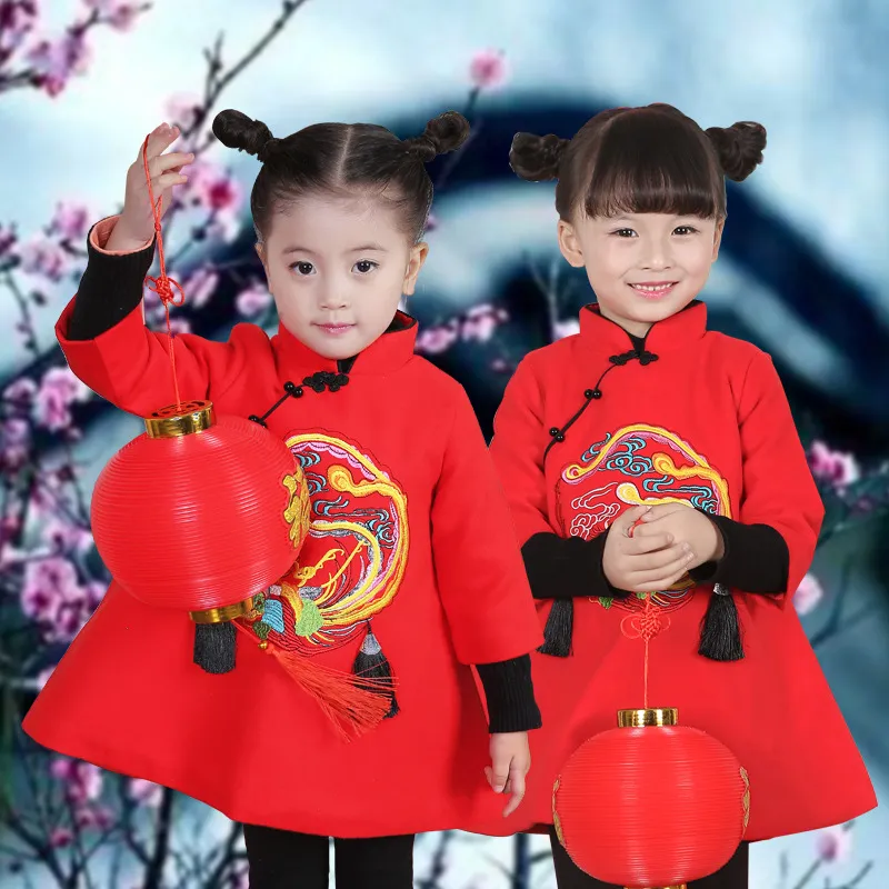 2018 Vestiti di capodanno Ragazze in stile cinese Abito cheongsam ricamato Autunno Inverno Abbigliamento bambini Vestiti neonate Abbigliamento bambini spessi