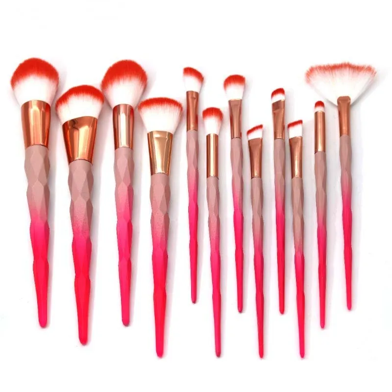 12Pcs Pink Diamond Makeup Brushes Set Power Eye Shadow Brow Lip Concealer Fan Beauty Cosmetic Eyes Face Diamond Shape Make Up Brush Kit