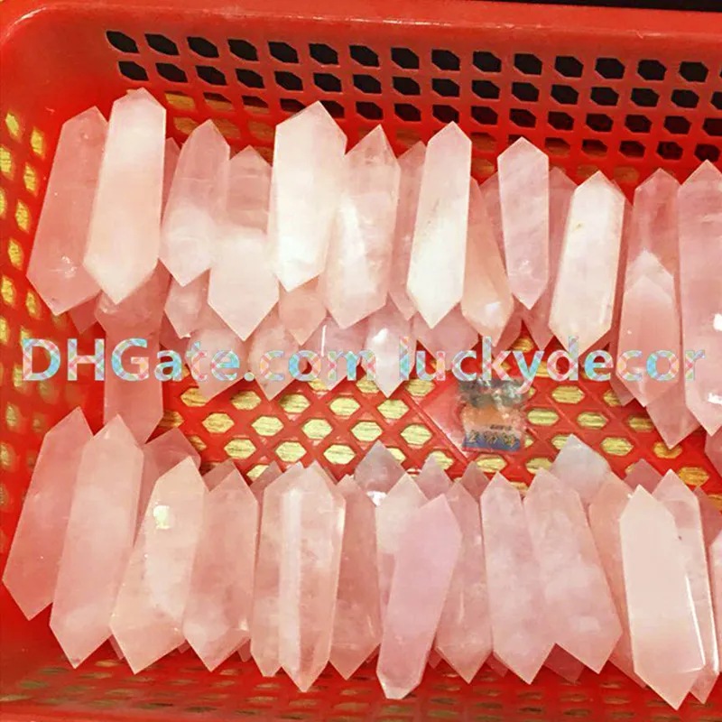 6 Facet Dubbel beëindigd Sacred Point Echte natuurlijke pure rooskwarts Haling Crystal edelsteen prisma Wand 6080mm Reiki Stones 8380588