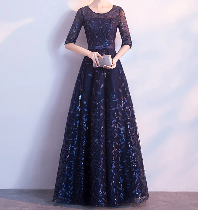 Atemberaubende Abendkleider für die Brautmutter in dunklem Marineblau, glänzende Pailletten, halbe Ärmel, Reißverschluss hinten, bodenlange Partykleider