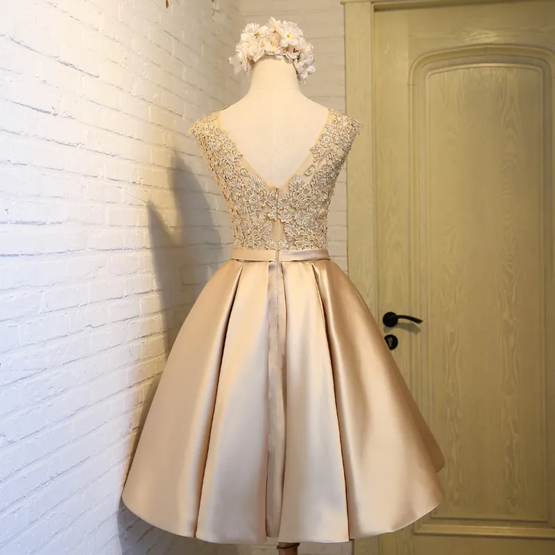 Short Ball Gown Bridesmaid Dress Gold Satin Party Dresses Knee Length Wedding Guest Dresses with Bow