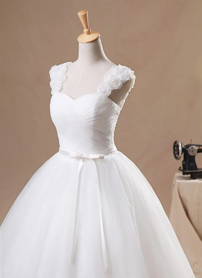 Flower Cap Sleeve Princess Tulle Ball Gown Bow Puffy Wedding Dress Debutante Dress Vestidos de Noiva Real Photos