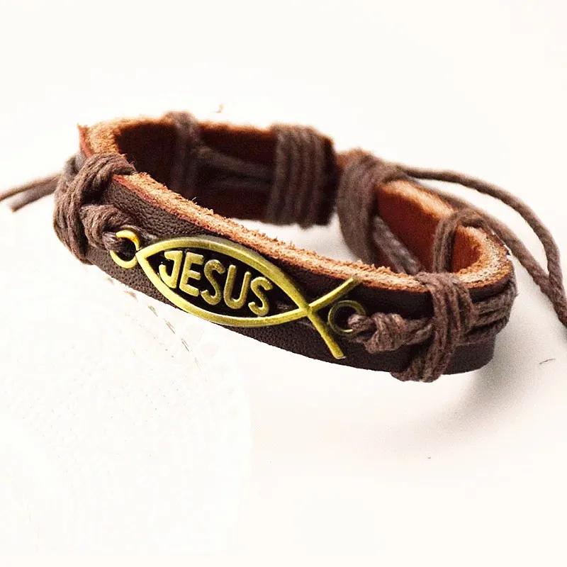 whole 10pcs lot silver gold handmade Jesus Christ Fish Leather Cuff Bracelets for Men Women Fashion Jewelry brand new283F