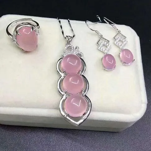 Fine Jewelry Natural 925 Silver Pink Jade Redulary Pierścień Wisiorek Kolczyki Biżuteria Zestawy Kobiet Biżuteria