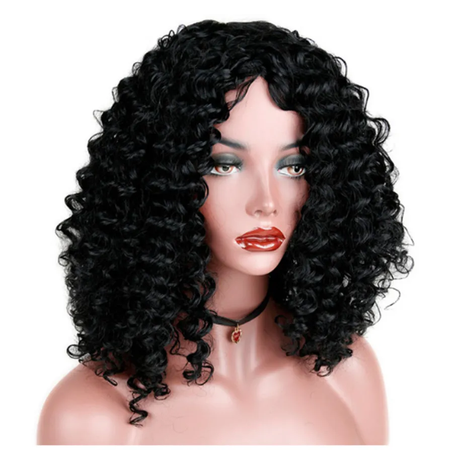 Perruques synthétiques courtes afro crépus bouclés pour femmes cheveux noirs fibre haute température mélangée couleur marron et blonde 16 pouces