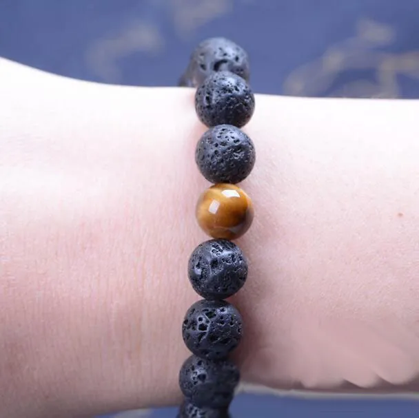 Atacado Natural Lava Rock stone Venda Popular lava beads pulseira Lavastone Pulseira com contas de olho de Tigre 8mm bola pulseira