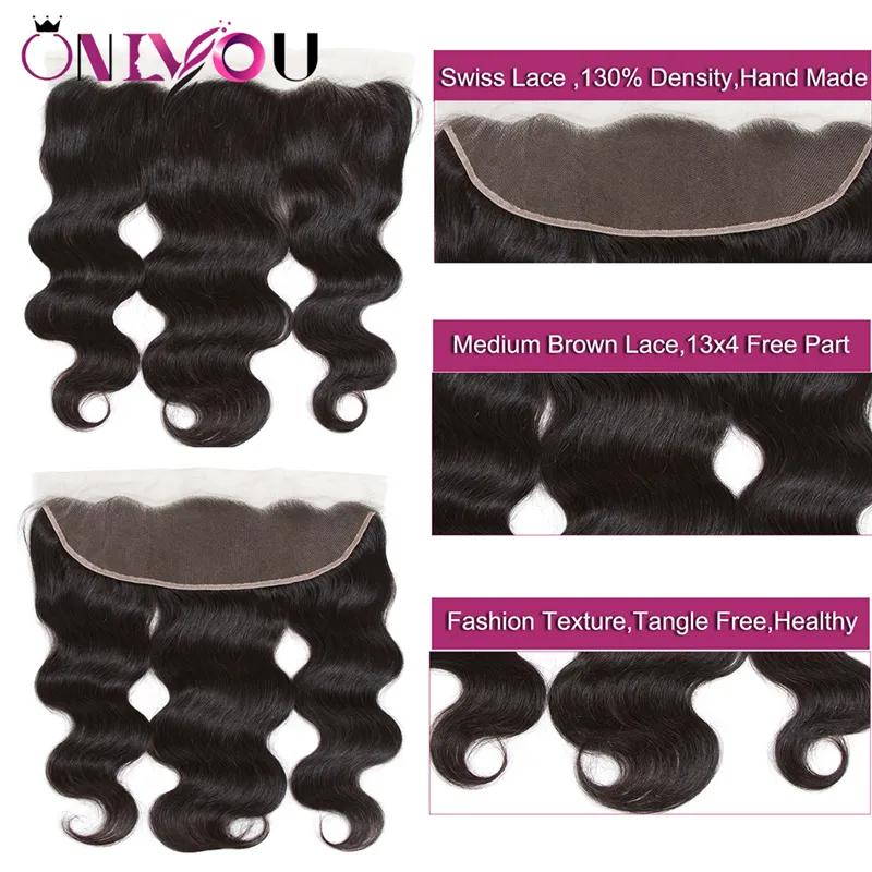 9a Extensões de cabelo virgem da Malásia não processadas Cabelo humano de onda corporal 3 pacotes com tramas de cabelo humano Remy frontal de renda 13x4 com fechamento