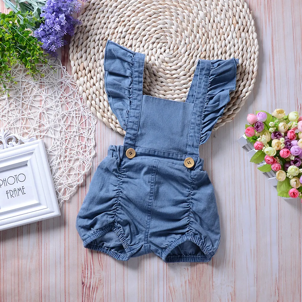 2018 여름 신생아 옷 여아 프룻 Romper Jumpsuit 데님 청바지 Sunsuit 의상 아기 의류 유아의 장난감 키즈 부티크