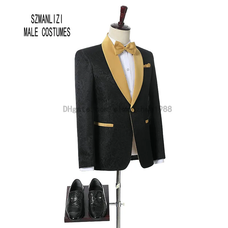 2018 브랜드 신랑 Tuxedos Groomsmen 한 버튼 검은 꽃 골드 숄 옷깃 사용자 정의 정장 신랑 착용 남성 결혼식 턱시도 결혼 복