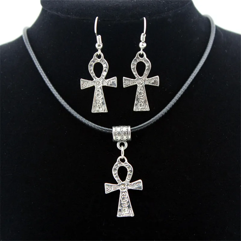 Egyptisk Ankh Livsymbol Halsband Smycken Satser Billiga Pris Kvinnor Vintage Ankh Cross Charm Örhängen Halsband Smycken Sets