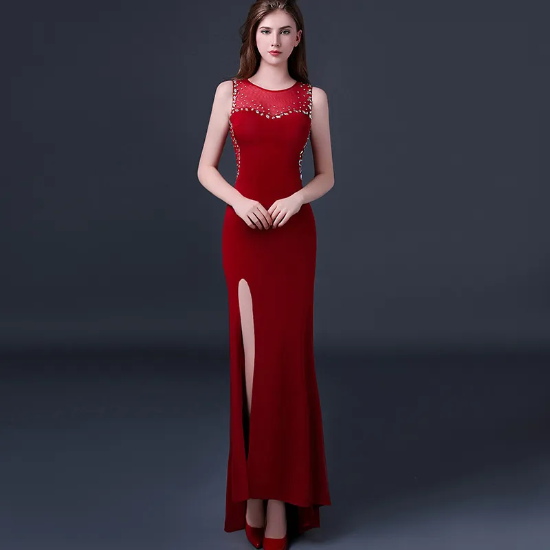 Klejnot Neck Długie Sheath Suknie Wieczorowe 2019 Red Floor Długość Prom Suknie Zroszony Runway Sukienka Real Photo