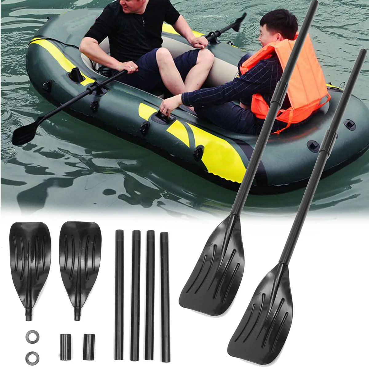 1 Pair Black Detachable Afloat Kayak Oars Paddles PVC 44.5inch Blade High Strength Boat Paddle Leaf