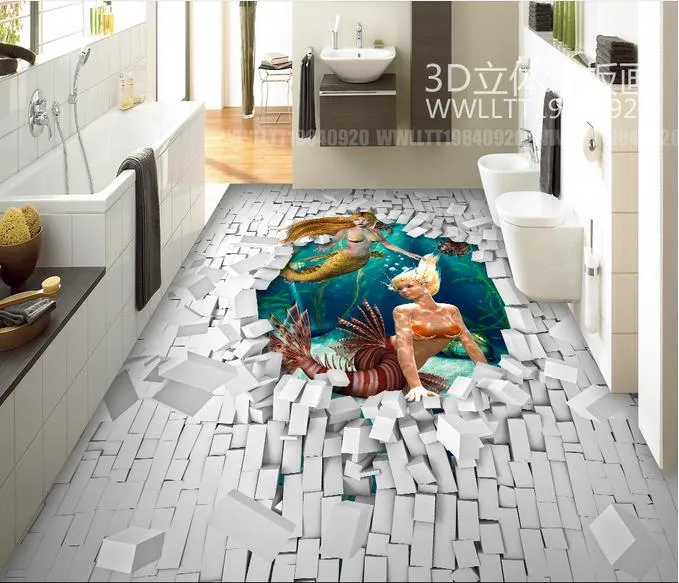 suelo de vinilo baño Underwater World Mermaid papeles de pared decoración del hogar