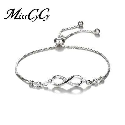 Misscycy luxuoso pulseira de cristal prata cor ajustável infinito encanto braceletes para mulheres moda jóias 2018 novo