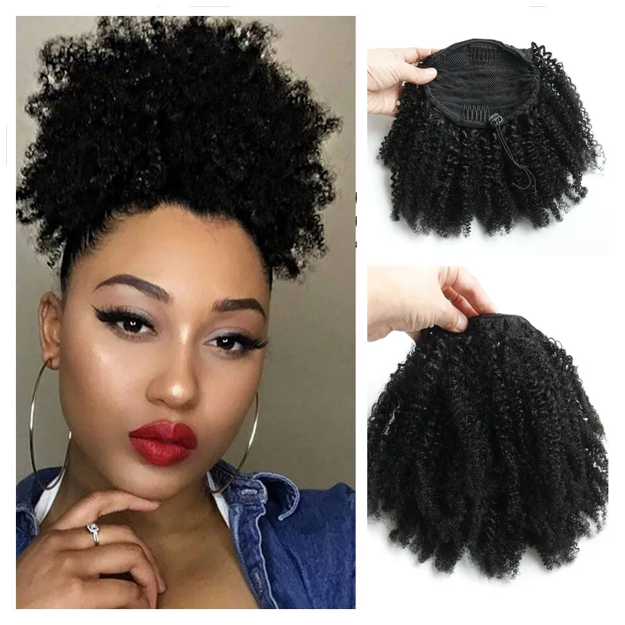 120g Afro Kinky Kręcone Human Włosy Ponytail Dla Czarnych Kobiet Brazylijski Dziewiczy Włosy Krótki Wysoki Sznurek Pony Ogon Włosy Rozszerzenia 10-16 cal