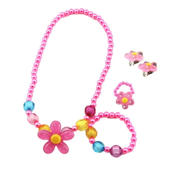 4st Kids Baby Girl039s Imitation Pearls Pärled Sun Flower Necklace Armband Rings Earrings Smycken Set Children Party Gift91611613564078