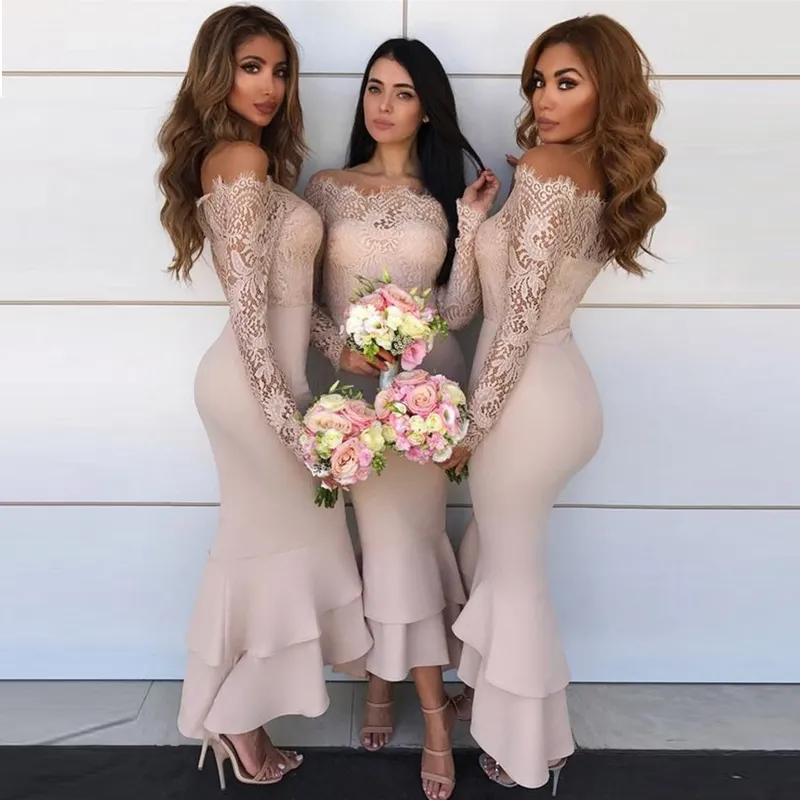 long sleeve black satin bridesmaid dresses Black Satin Prom Dresses Off the Shoulder Lace Long Sleeve Maxi Dress –  Viniodress